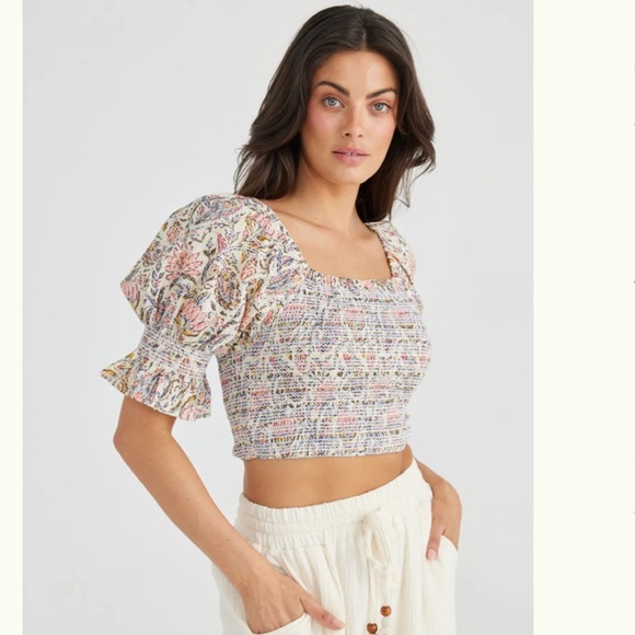 Talisman Square Neck Vintage Lotus Floral Print Smocked Firelight Cropped Top - Picture 1 of 10